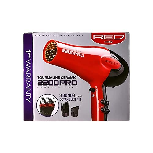 RED by Kiss Tourmaline Ceramic 2200W Professional Hair Dryer - Frizz-Free, 6 Heat Settings, Includes Extra Combs Avelisse