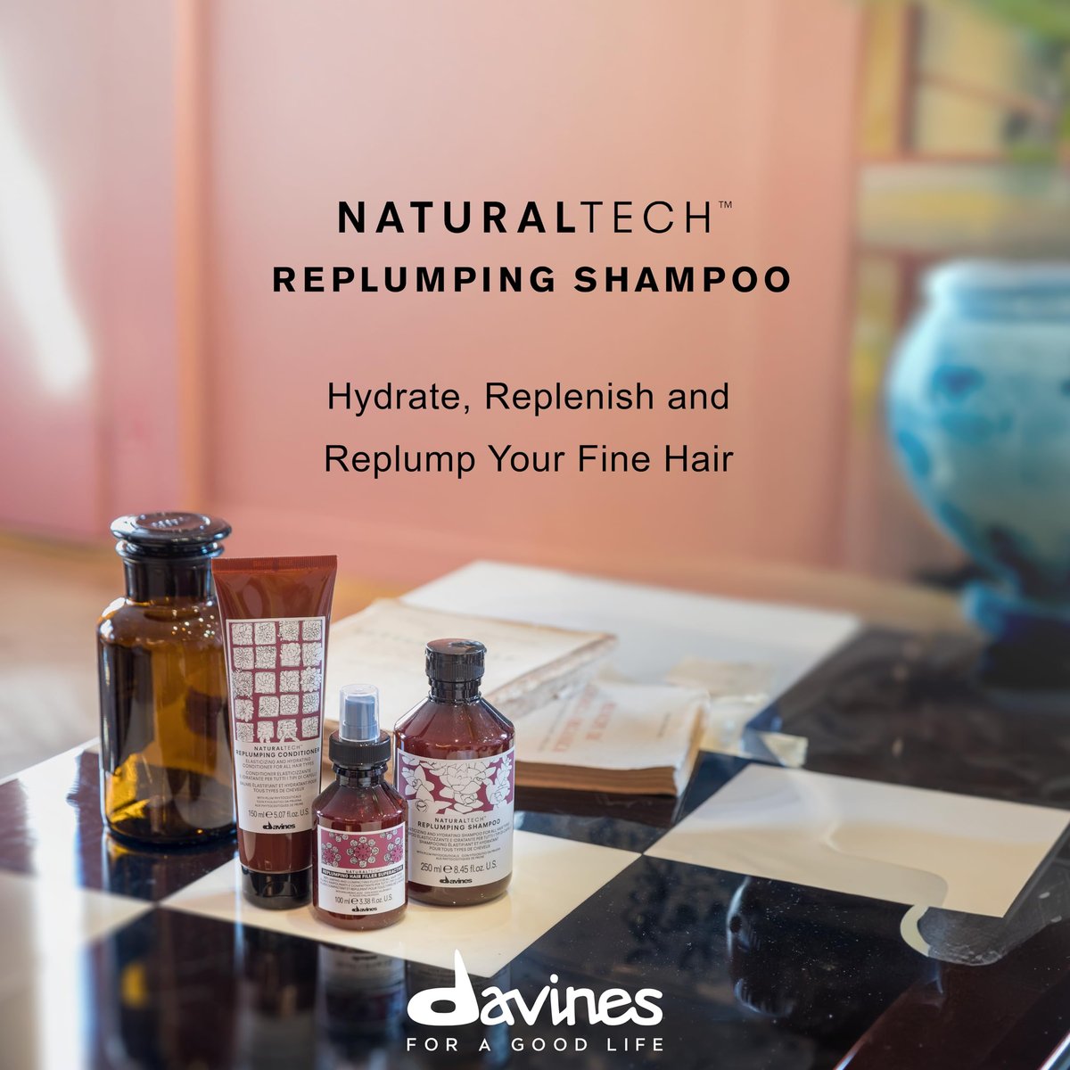 Davines Naturaltech Replumping Shampoo - Moisturizing Shampoo for Fine Hair, Adds Elasticity, 8.45 oz Avelisse