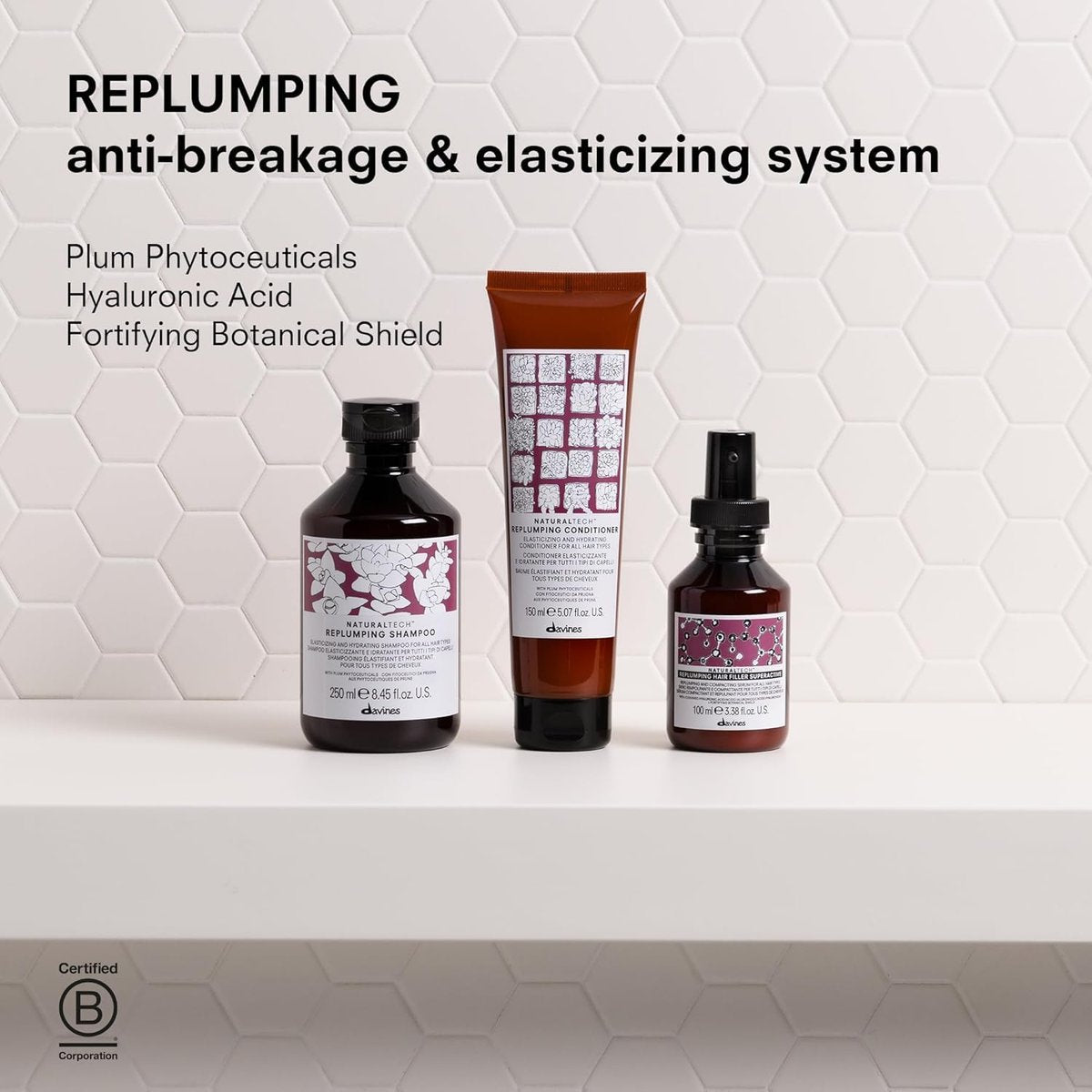 Davines Naturaltech Replumping Shampoo - Moisturizing Shampoo for Fine Hair, Adds Elasticity, 8.45 oz Avelisse