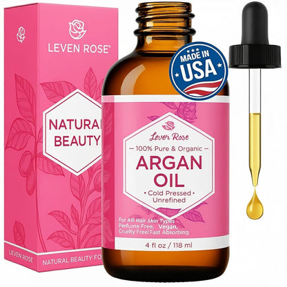 Leven Rose Organic Argan Oil for Hair, Face and Skin - 4 oz 100% Pure Moroccan Cold-Pressed Organic Avelisse