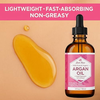 Leven Rose Organic Argan Oil for Hair, Face and Skin - 4 oz 100% Pure Moroccan Cold-Pressed Organic Avelisse