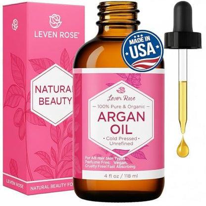 Leven Rose Organic Argan Oil for Hair, Face and Skin - 4 oz 100% Pure Moroccan Cold-Pressed Organic Avelisse