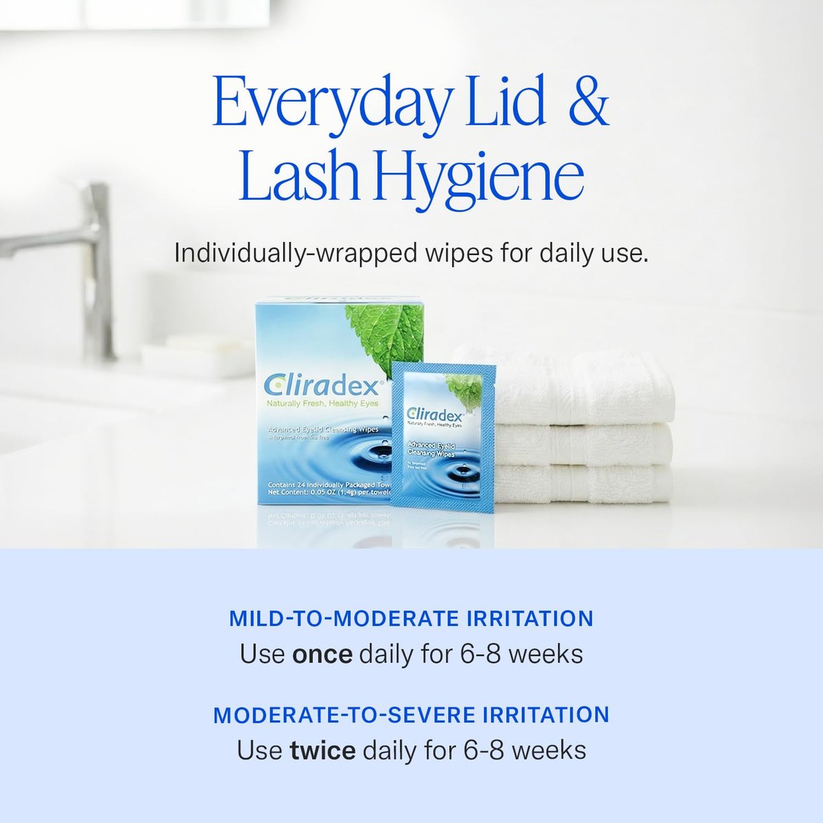 Cliradex Towelettes - Natural Face, Eyelash & Eyelid Cleanser Wipes for Demodex, Blepharitis, MGD & Red Irritated Eyes - Tea Tree Oil Extract - 24 Count Avelisse