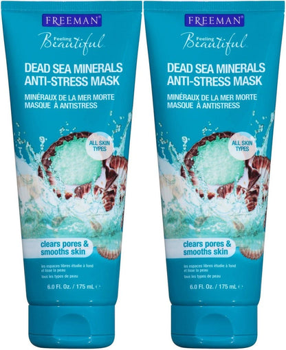 Freeman Anti-Stress Clay Facial Mask with Dead Sea Minerals, Balancing and Clearing Beauty Face Mask, 6 oz, 2 Pack