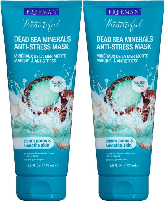 Freeman Anti-Stress Clay Facial Mask with Dead Sea Minerals, Balancing and Clearing Beauty Face Mask, 6 oz, 2 Pack