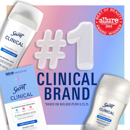 Secret Clinical Strength Antiperspirant & Deodorant for Women, Invisible Solid, Powder Protection, 100 Hour Sweat & Odor Protection, 3X Stress Protection, with Hyaluronic Acid, pH Balanced, 2.6 oz