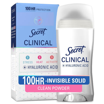 Secret Clinical Strength Antiperspirant & Deodorant for Women, Invisible Solid, Powder Protection, 100 Hour Sweat & Odor Protection, 3X Stress Protection, with Hyaluronic Acid, pH Balanced, 2.6 oz