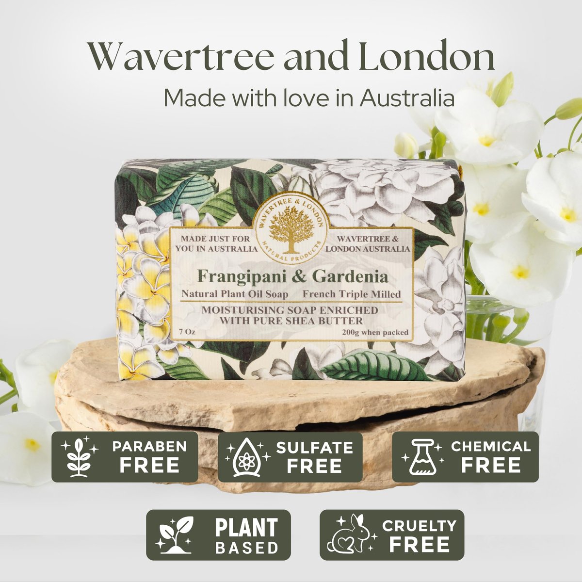 Wavertree & London Frangipani & Gardenia Scented Natural Soap Bar - 7oz Moisturizing French Triple Milled Soap with Organic Shea Butter - görsel 3