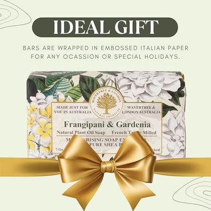 Wavertree & London Frangipani & Gardenia Scented Natural Soap Bar - 7oz Moisturizing French Triple Milled Soap with Organic Shea Butter