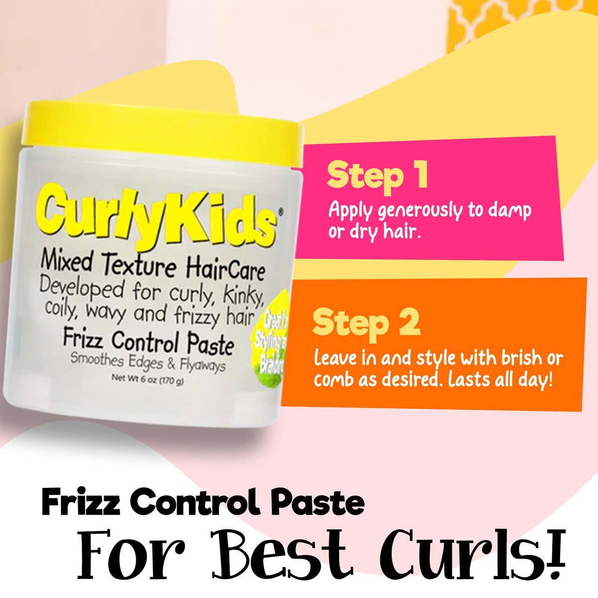 CurlyKids Frizz Control Paste - Anti-Frizz Styling Paste for Curly, Kinky, Coily & Mixed-Texture Hair - Smooth Edges, Tame Flyaways, Maximum Moisture, No Sticky Residue Formula for Kids Haircare, 6oz Avelisse