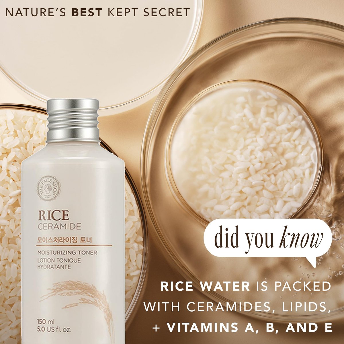 THE FACE SHOP Rice Ceramide Moisturizing Toner – Hydrating Korean Toner with Rice Water for Dry Skin, Strengthens Skin Barrier, 5.0 fl. oz. - görsel 11