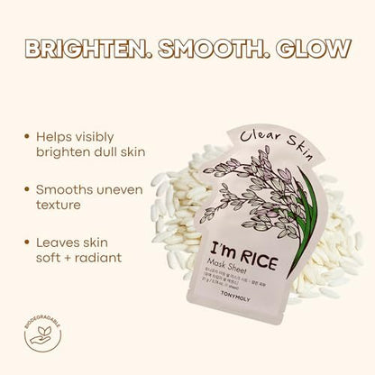 TONYMOLY I'm Rice Sheet Mask – Hydrating, Brightening & Soothing Korean Face Mask with Rice Extract & Vitamin Essence for Radiant Skin