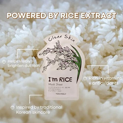 TONYMOLY I'm Rice Sheet Mask – Hydrating, Brightening & Soothing Korean Face Mask with Rice Extract & Vitamin Essence for Radiant Skin
