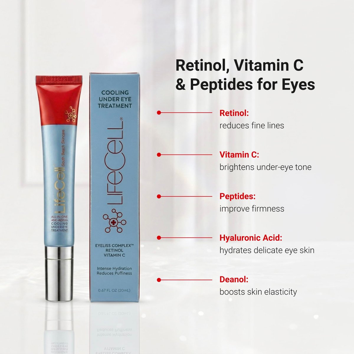 LifeCell All-in-One Eye Treatment – Anti-Aging Under Eye Cream for Puffiness, Dark Circles & Wrinkles – With Retinol, Vitamin C, Peptides & Hyaluronic Acid – Cooling Application Avelisse