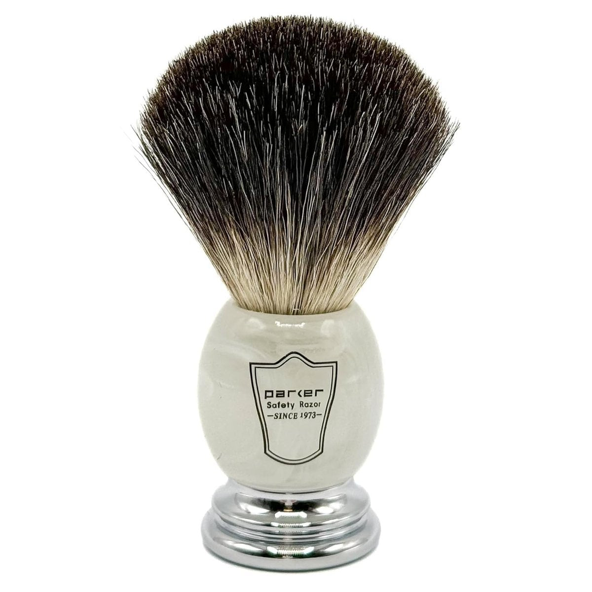 Parker 100% Black Badger Bristle Shaving Brush with Ivory Marbled Handle - Brush Stand Included Avelisse