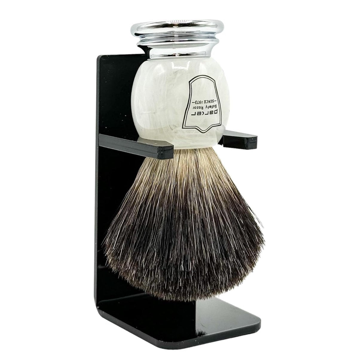Parker 100% Black Badger Bristle Shaving Brush with Ivory Marbled Handle - Brush Stand Included Avelisse