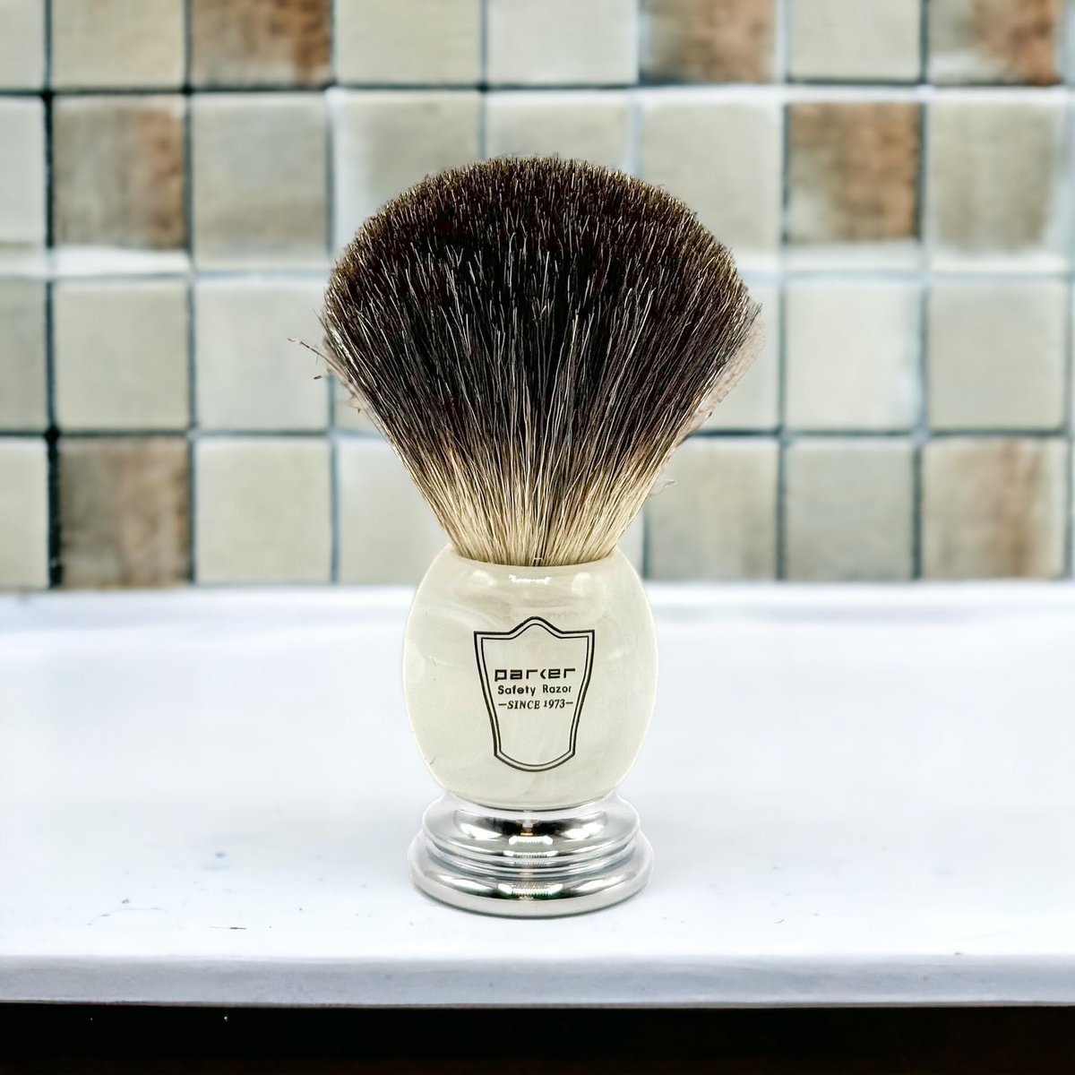 Parker 100% Black Badger Bristle Shaving Brush with Ivory Marbled Handle - Brush Stand Included Avelisse