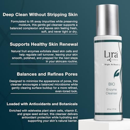 Lira Clinical BIO Enzyme Cleanser for Sensitive Skin - Papaya Enzyme Gel Face Wash - Hydrophilic Exfoliating Facial Cleanser - Deep Cleansing Skincare with Hydrating Care - 6 Oz Avelisse