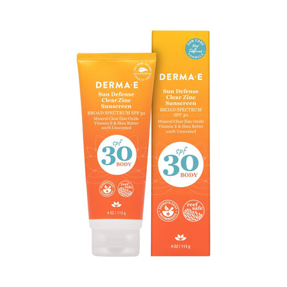 DERMA E Sun Defense Mineral Sunscreen SPF 30 Body – Broad Spectrum Sun Cream – Fragrance Free Zinc Oxide and Titanium Dioxide Aging Reducing Protection, 4 Oz