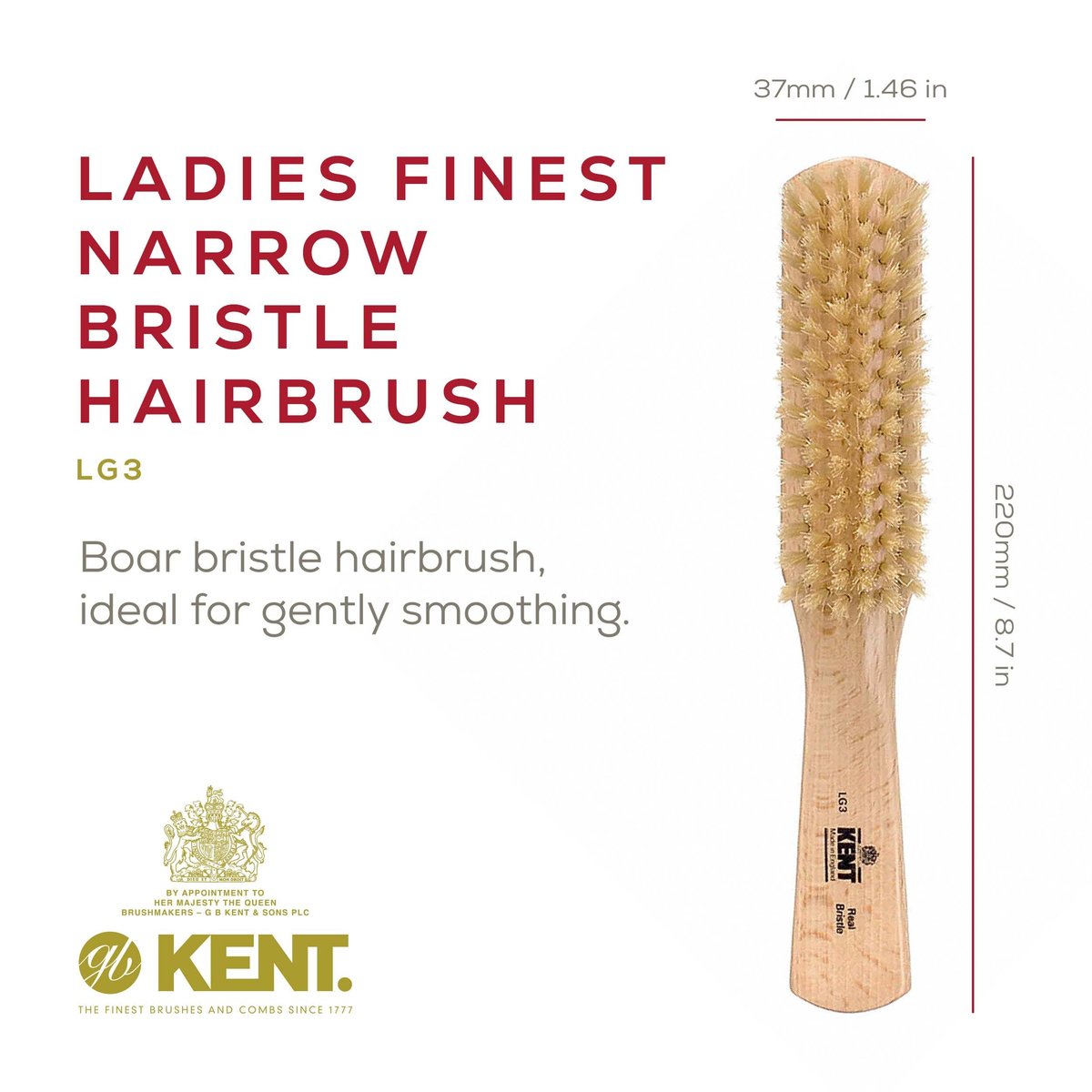 Kent LG3 Finest Hair Brush for Women – Natural Beechwood & Boar Bristle Narrow Hairbrush for Fine to Medium Hair – Dry Brush for Styling, Straightening & Stimulating Oils - görsel 3