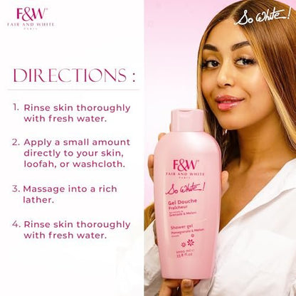 FAIR & WHITE So White Refreshing Brightening Body Wash – 1000ml / 33.8 fl oz – Daily Moisturizing Shower Gel with Pomegranate & Melon Extracts Avelisse