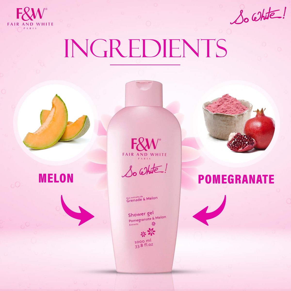 FAIR & WHITE So White Refreshing Brightening Body Wash – 1000ml / 33.8 fl oz – Daily Moisturizing Shower Gel with Pomegranate & Melon Extracts Avelisse