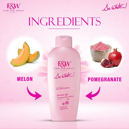 FAIR & WHITE So White Refreshing Brightening Body Wash – 1000ml / 33.8 fl oz – Daily Moisturizing Shower Gel with Pomegranate & Melon Extracts Avelisse