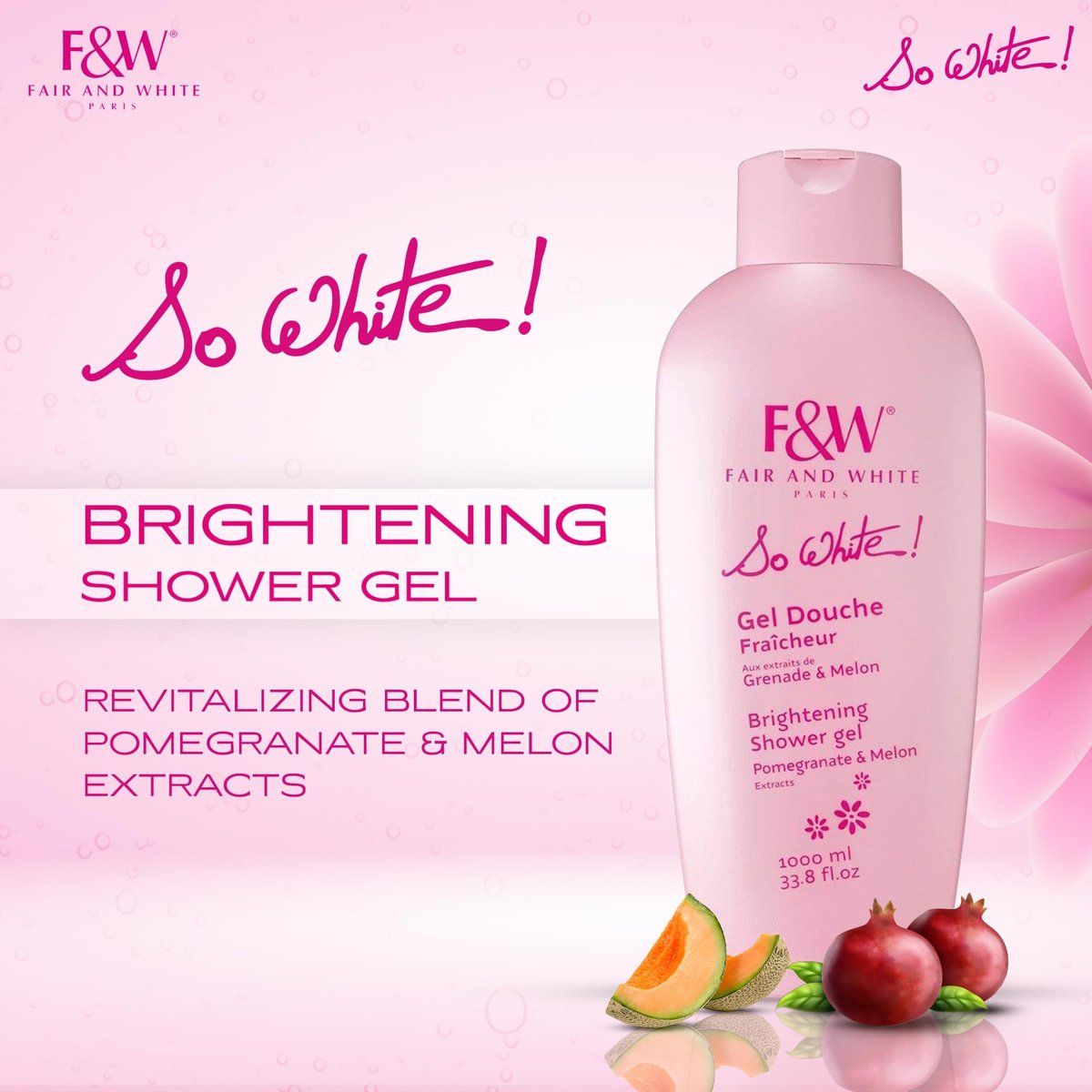 FAIR & WHITE So White Refreshing Brightening Body Wash – 1000ml / 33.8 fl oz – Daily Moisturizing Shower Gel with Pomegranate & Melon Extracts Avelisse