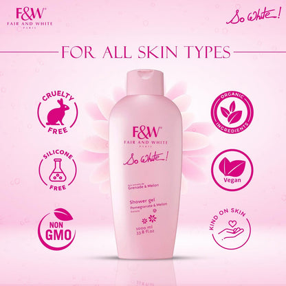FAIR & WHITE So White Refreshing Brightening Body Wash – 1000ml / 33.8 fl oz – Daily Moisturizing Shower Gel with Pomegranate & Melon Extracts Avelisse