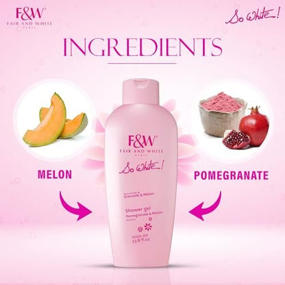 FAIR & WHITE So White Refreshing Brightening Body Wash – 1000ml / 33.8 fl oz – Daily Moisturizing Shower Gel with Pomegranate & Melon Extracts Avelisse