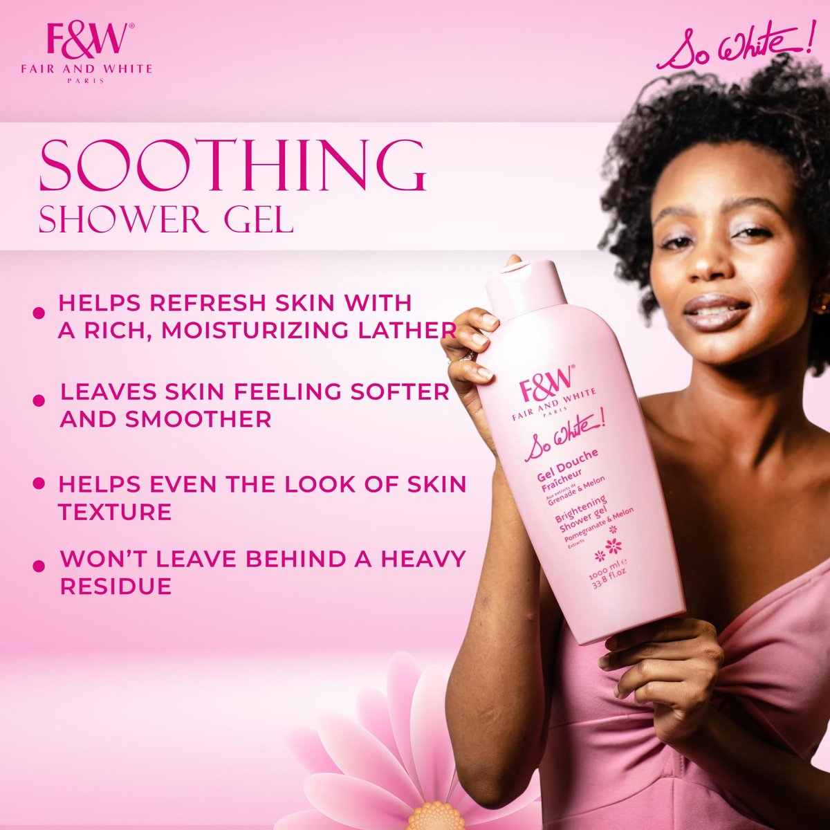 FAIR & WHITE So White Refreshing Brightening Body Wash – 1000ml / 33.8 fl oz – Daily Moisturizing Shower Gel with Pomegranate & Melon Extracts Avelisse