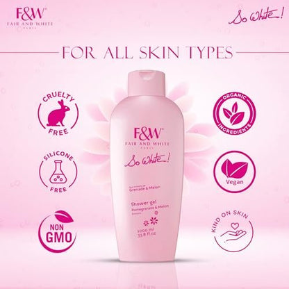 FAIR & WHITE So White Refreshing Brightening Body Wash – 1000ml / 33.8 fl oz – Daily Moisturizing Shower Gel with Pomegranate & Melon Extracts Avelisse