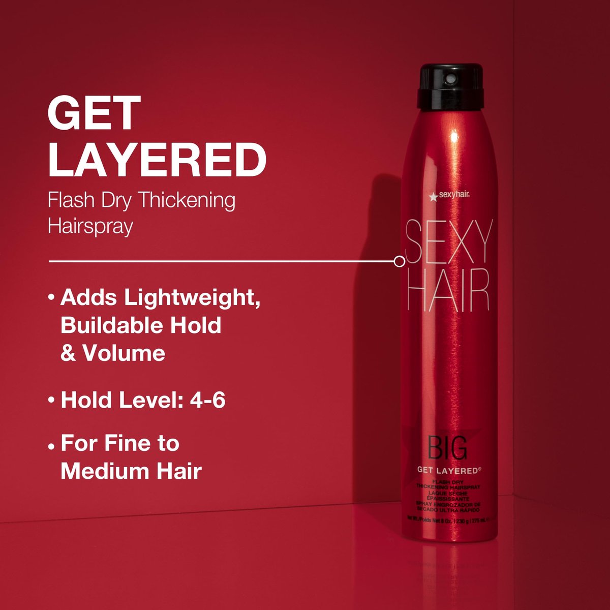 SexyHair Big Get Layered Flash Dry Thickening Hairspray - 8 oz - Buildable Texture, Volume & Shine - 72H Humidity Resistance Avelisse