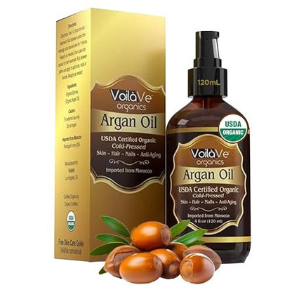 VoilaVe USDA Pure Organic Moroccan Argan Oil for Skin, Nails & Hair Growth - Anti-Aging Face Moisturizer, Cold Pressed, Rich in Vitamin E - 4 fl oz Avelisse