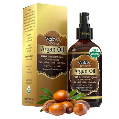 VoilaVe USDA Pure Organic Moroccan Argan Oil for Skin, Nails & Hair Growth - Anti-Aging Face Moisturizer, Cold Pressed, Rich in Vitamin E - 4 fl oz Avelisse