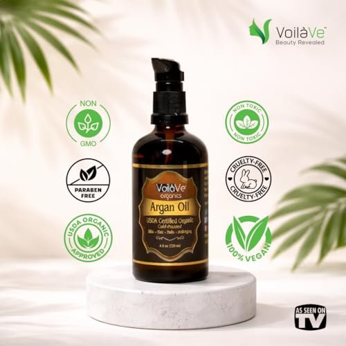 VoilaVe USDA Pure Organic Moroccan Argan Oil for Skin, Nails & Hair Growth - Anti-Aging Face Moisturizer, Cold Pressed, Rich in Vitamin E - 4 fl oz Avelisse