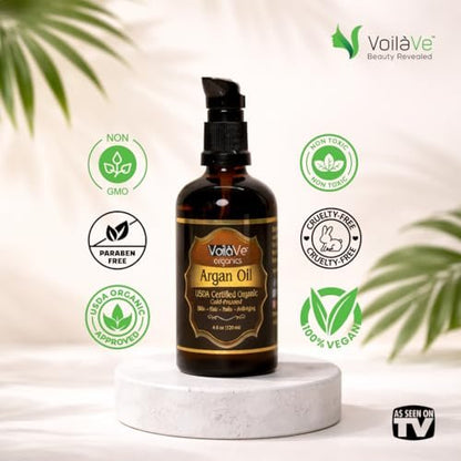 VoilaVe USDA Pure Organic Moroccan Argan Oil for Skin, Nails & Hair Growth - Anti-Aging Face Moisturizer, Cold Pressed, Rich in Vitamin E - 4 fl oz Avelisse