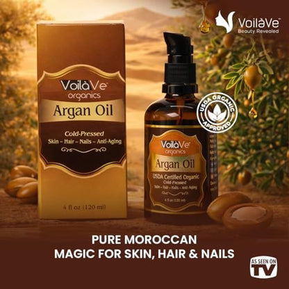 VoilaVe USDA Pure Organic Moroccan Argan Oil for Skin, Nails & Hair Growth - Anti-Aging Face Moisturizer, Cold Pressed, Rich in Vitamin E - 4 fl oz Avelisse