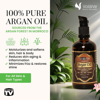 VoilaVe USDA Pure Organic Moroccan Argan Oil for Skin, Nails & Hair Growth - Anti-Aging Face Moisturizer, Cold Pressed, Rich in Vitamin E - 4 fl oz Avelisse