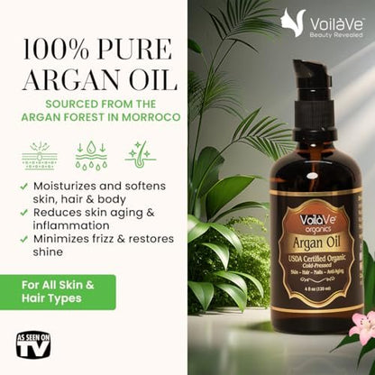 VoilaVe USDA Pure Organic Moroccan Argan Oil for Skin, Nails & Hair Growth - Anti-Aging Face Moisturizer, Cold Pressed, Rich in Vitamin E - 4 fl oz Avelisse