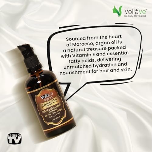 VoilaVe USDA Pure Organic Moroccan Argan Oil for Skin, Nails & Hair Growth - Anti-Aging Face Moisturizer, Cold Pressed, Rich in Vitamin E - 4 fl oz Avelisse