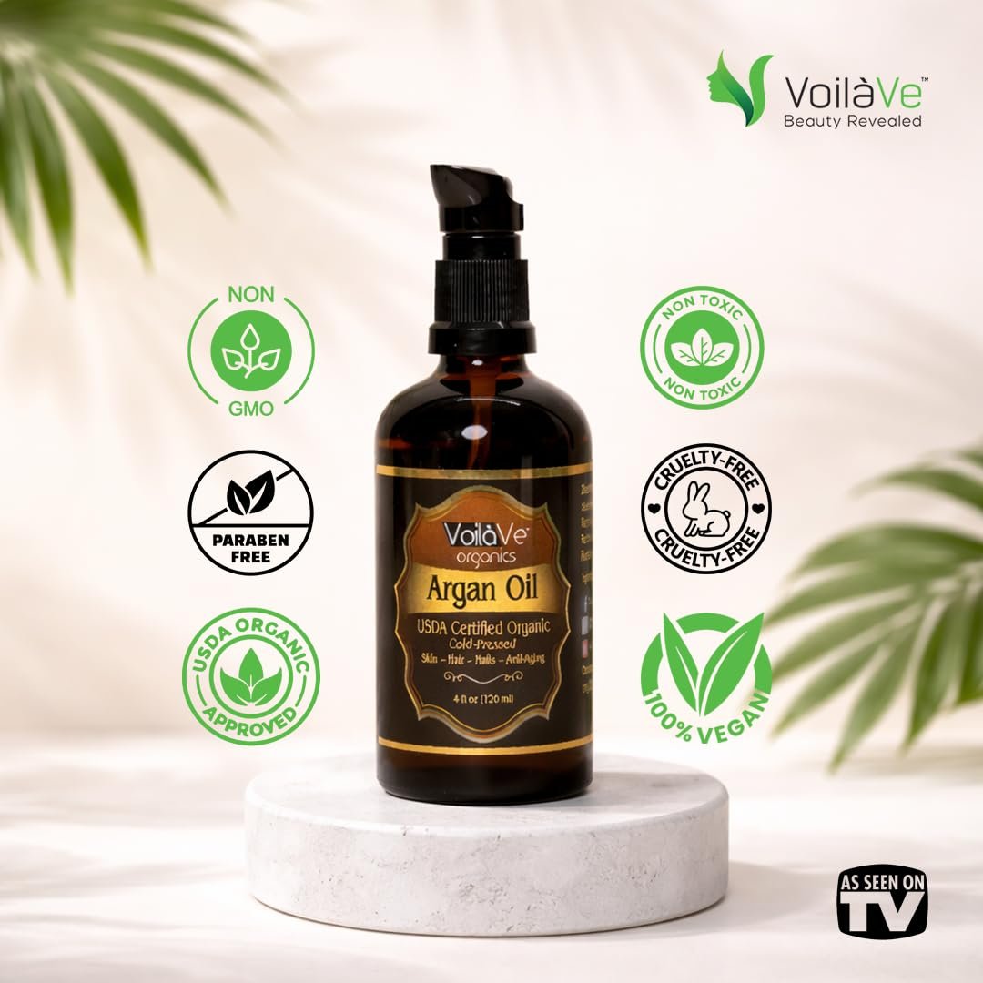 VoilaVe USDA Pure Organic Moroccan Argan Oil for Skin, Nails & Hair Growth - Anti-Aging Face Moisturizer, Cold Pressed, Rich in Vitamin E - 4 fl oz Avelisse