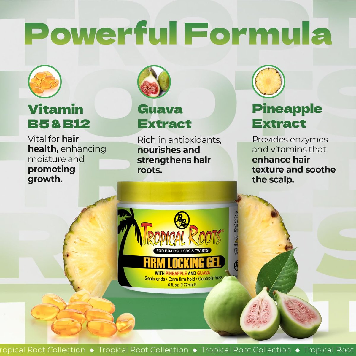 Bronner Bros Tropical Roots Firm Locking Gel - Strong Hold Loc & Twist Gel with Pineapple & Guava, Vitamins B5 & B12, Non-Flaking, Moisture & Shine - 6 oz - görsel 7