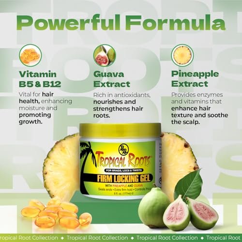 Bronner Bros Tropical Roots Firm Locking Gel - Strong Hold Loc & Twist Gel with Pineapple & Guava, Vitamins B5 & B12, Non-Flaking, Moisture & Shine - 6 oz - görsel 8