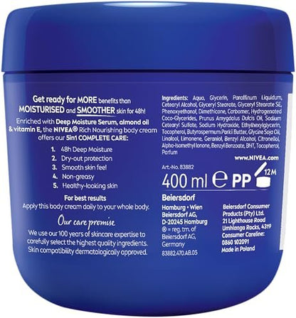 NIVEA Rich Nourishing Body Cream for Dry Skin with Almond Oil, 13.53 Fl Oz Avelisse