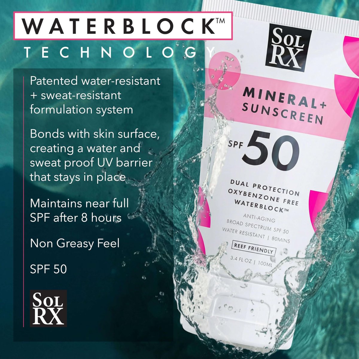 SolRX MINERAL+ SPF 50 Mineral Sunscreen with Zinc Oxide – Reef Safe, Broad Spectrum UVA/UVB Protection, Water Resistant Sunblock for Face & Body (3.4 oz) Avelisse