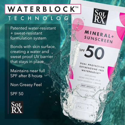 SolRX MINERAL+ SPF 50 Mineral Sunscreen with Zinc Oxide – Reef Safe, Broad Spectrum UVA/UVB Protection, Water Resistant Sunblock for Face & Body (3.4 oz) Avelisse