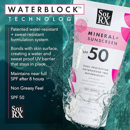 SolRX MINERAL+ SPF 50 Mineral Sunscreen with Zinc Oxide – Reef Safe, Broad Spectrum UVA/UVB Protection, Water Resistant Sunblock for Face & Body (3.4 oz) Avelisse