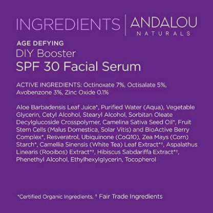 Andalou Naturals DIY Booster SPF 30 Facial Serum Unscented – Anti-Aging Sunscreen for Dry Skin, 2 Fl Oz