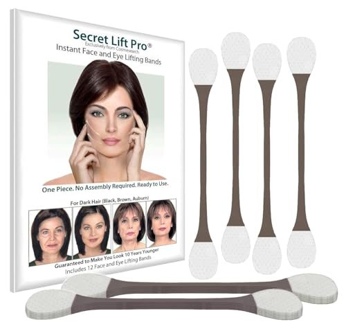 Secret Lift Pro Face and Eye Lift Tapes with Bands - Pre-Assembled for Instant Lift (Dark Hair, 12 Count) Avelisse